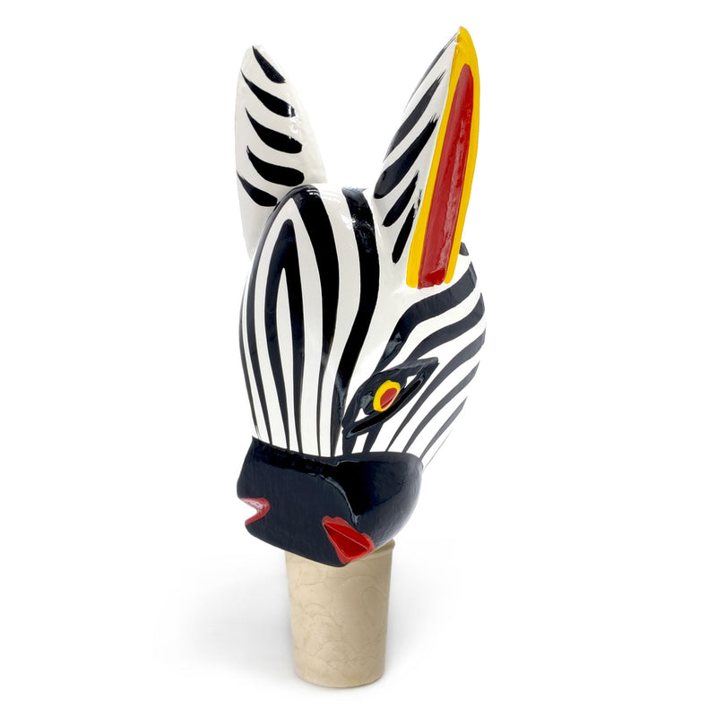 DECORATIVE BOTTLE STOPPER - The carnival zebra - Hand-carved and painted wood