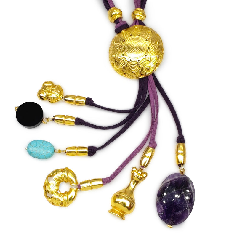 CORDÚLA NECKLACE - Handmade - 24K gold-plated - Leather, semi-precious stones