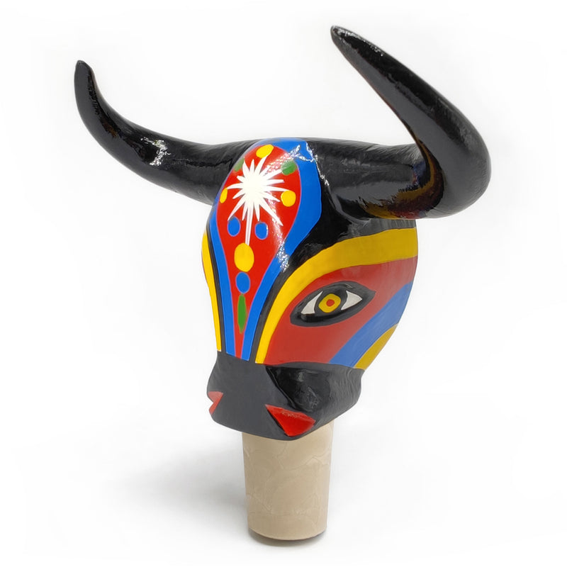DECORATIVE BOTTLE STOPPER - The carnival bull - Hand-carved and painted wood