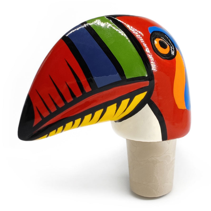 DECORATIVE BOTTLE STOPPER - The carnival toucan - Hand-carved and painted wood