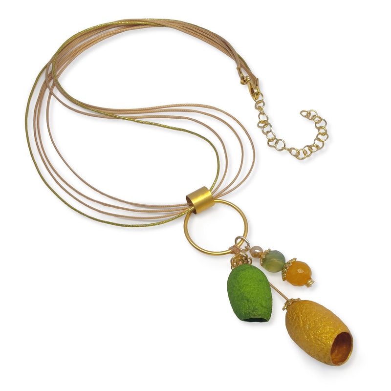 COCOON SILKE NECKLACE - Handmade - 24K gold-plated - Synthetic silk cords, agate, silk cocoons