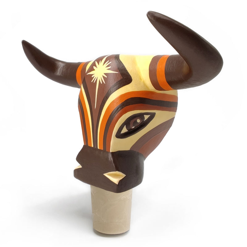 ROLHA DECORATIVA PARA GARRAFAS - O touro do carnaval - Madeira esculpida e pintada à mão
