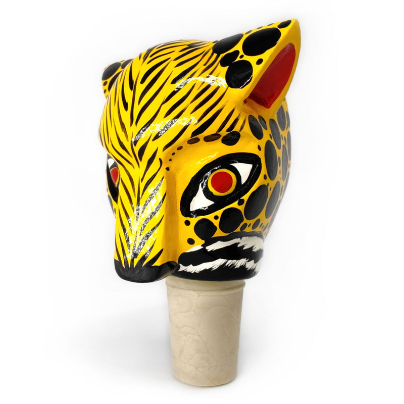 ROLHA DECORATIVA PARA GARRAFAS - O jaguar do carnaval - Madeira esculpida e pintada à mão