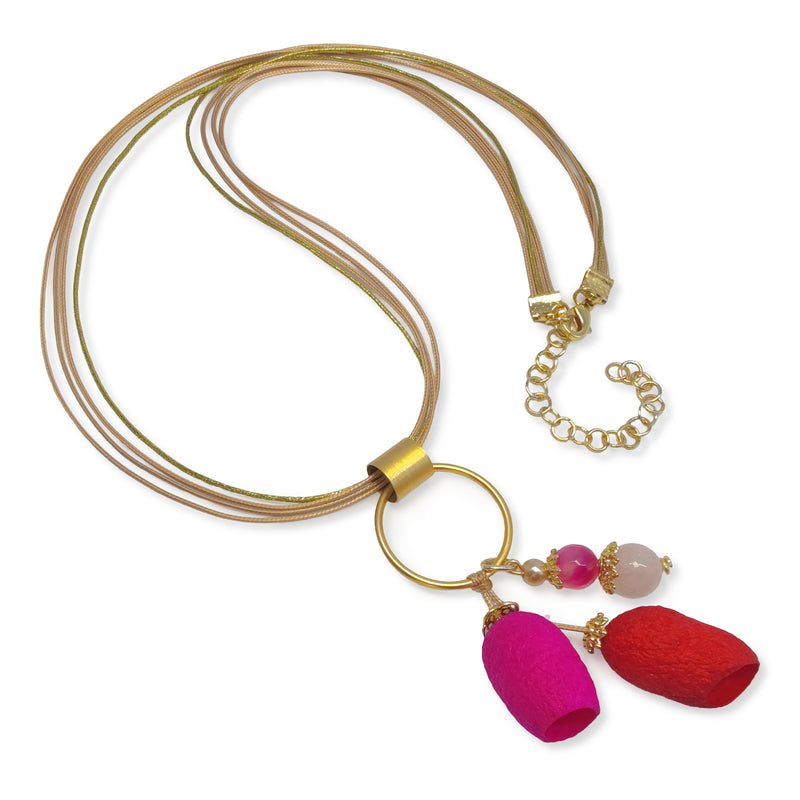 COCOON SILKE NECKLACE - Handmade - 24K gold-plated - Synthetic silk cords, agate, silk cocoons