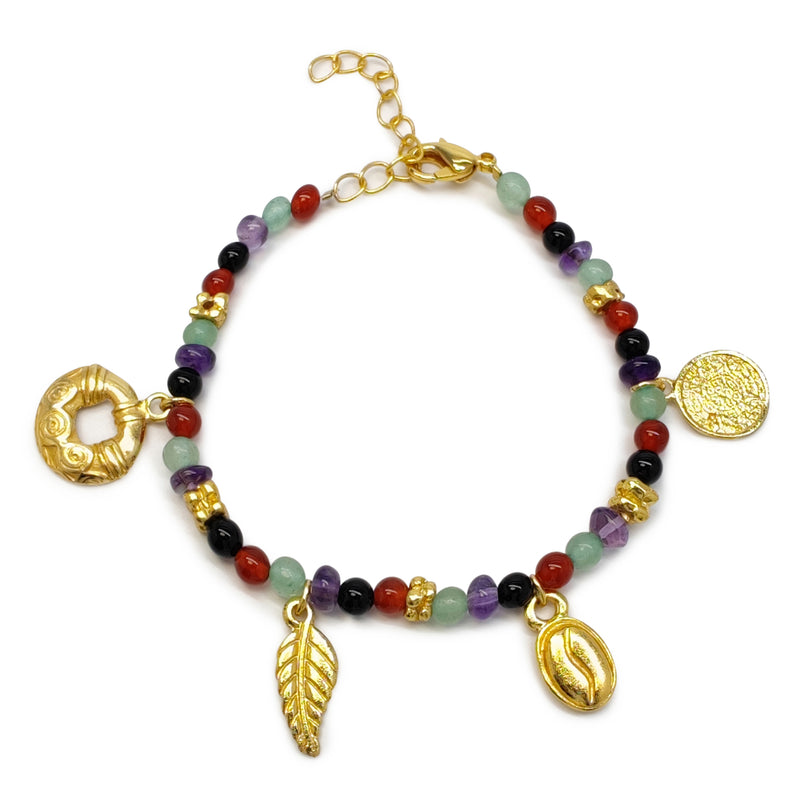 PULSEIRA ARCOÍRIS - Feita à mão - Banhada a ouro de 24 quilates - Ágatas, ônix, jades e ametistas