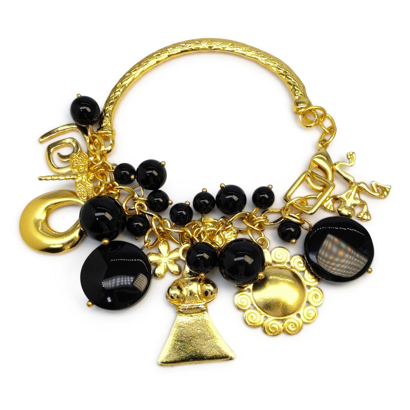 BRACELETE ENCANTO - Feita à mão - Banhada a ouro de 24 quilates - Ónix