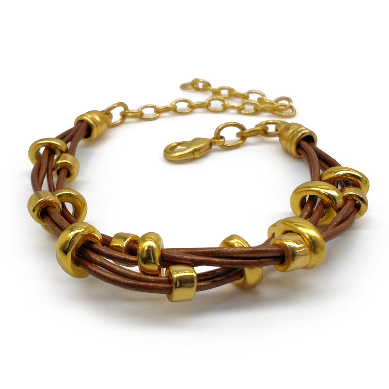 PULSEIRA LÚMEN - Feita à mão - Banhada a ouro de 24 quilates - Couro