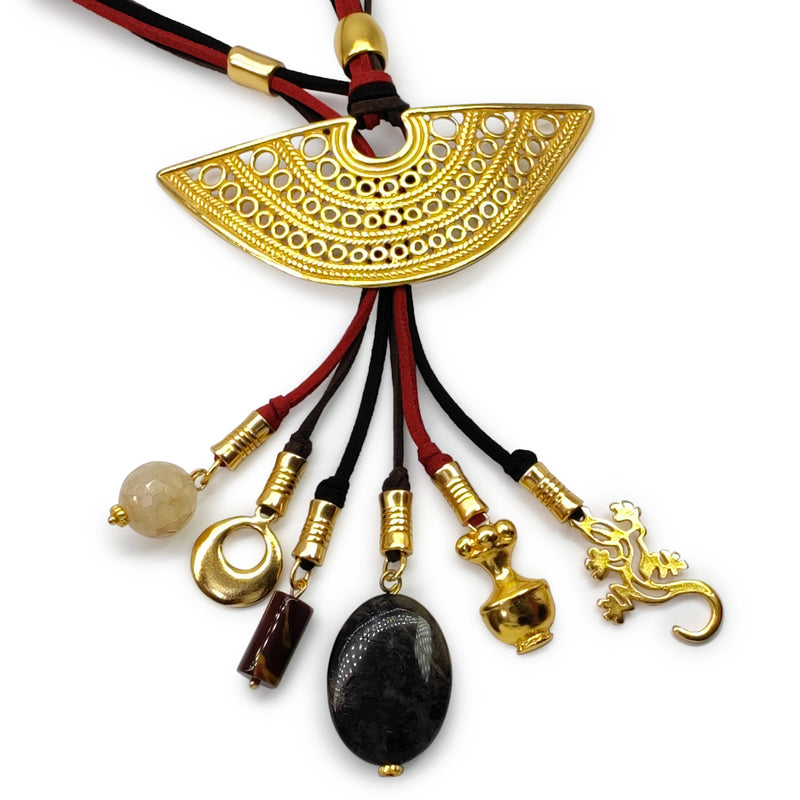 CORDÚLA NECKLACE - Handmade - 24K gold-plated - Leather, semi-precious stones