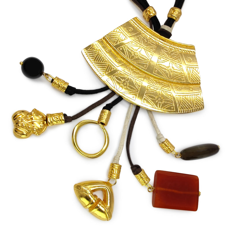 CORDÚLA NECKLACE - Handmade - 24K gold-plated - Leather, semi-precious stones