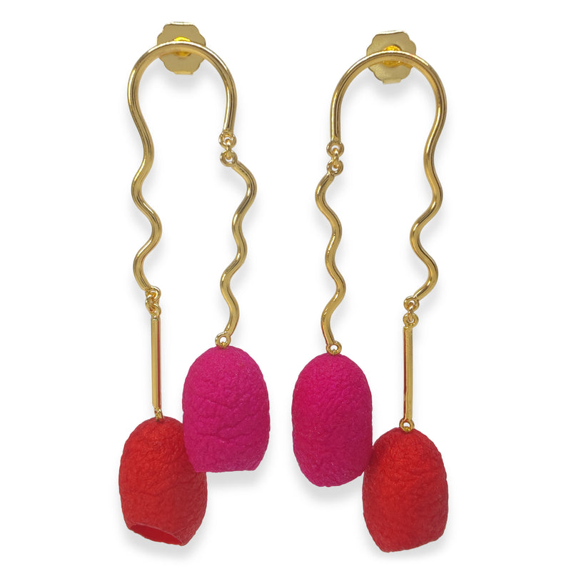 COCOON TWIN EARRINGS - Handmade - 24K gold-plated - Silk cocoons