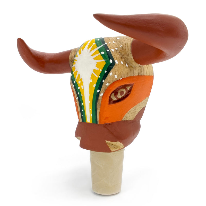 DECORATIVE BOTTLE STOPPER - The carnival bull - Hand-carved and painted wood