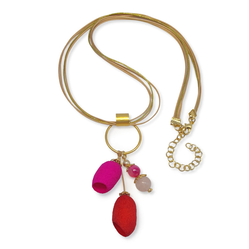 COCOON SILKE NECKLACE - Handmade - 24K gold-plated - Synthetic silk cords, agate, silk cocoons