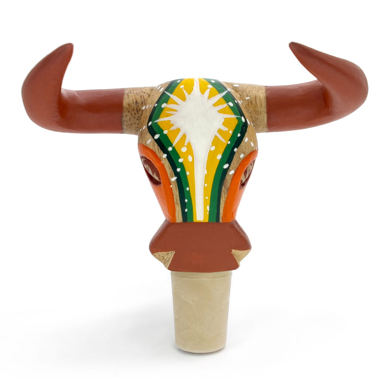 DECORATIVE BOTTLE STOPPER - The carnival bull - Hand-carved and painted wood