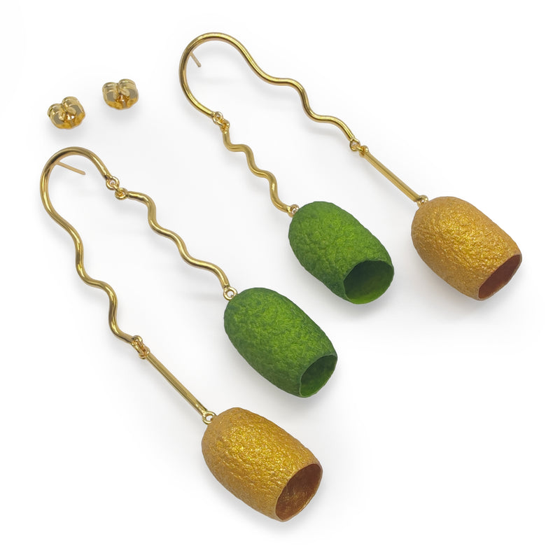 COCOON TWIN EARRINGS - Handmade - 24K gold-plated - Silk cocoons