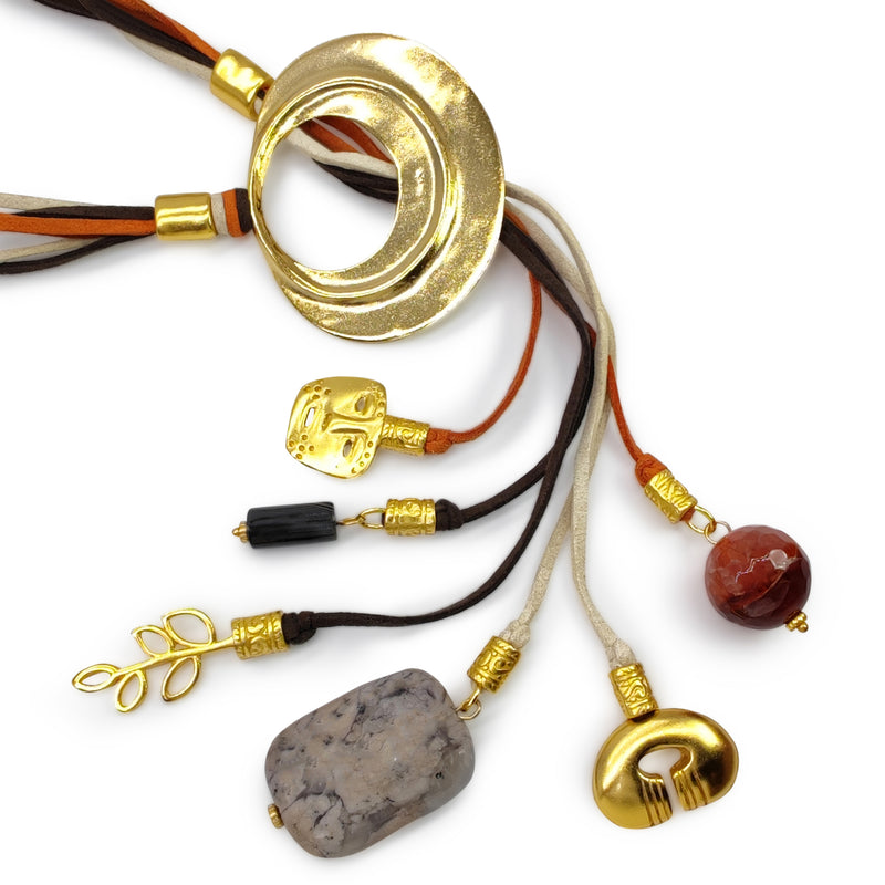 CORDÚLA NECKLACE - Handmade - 24K gold-plated - Leather, semi-precious stones