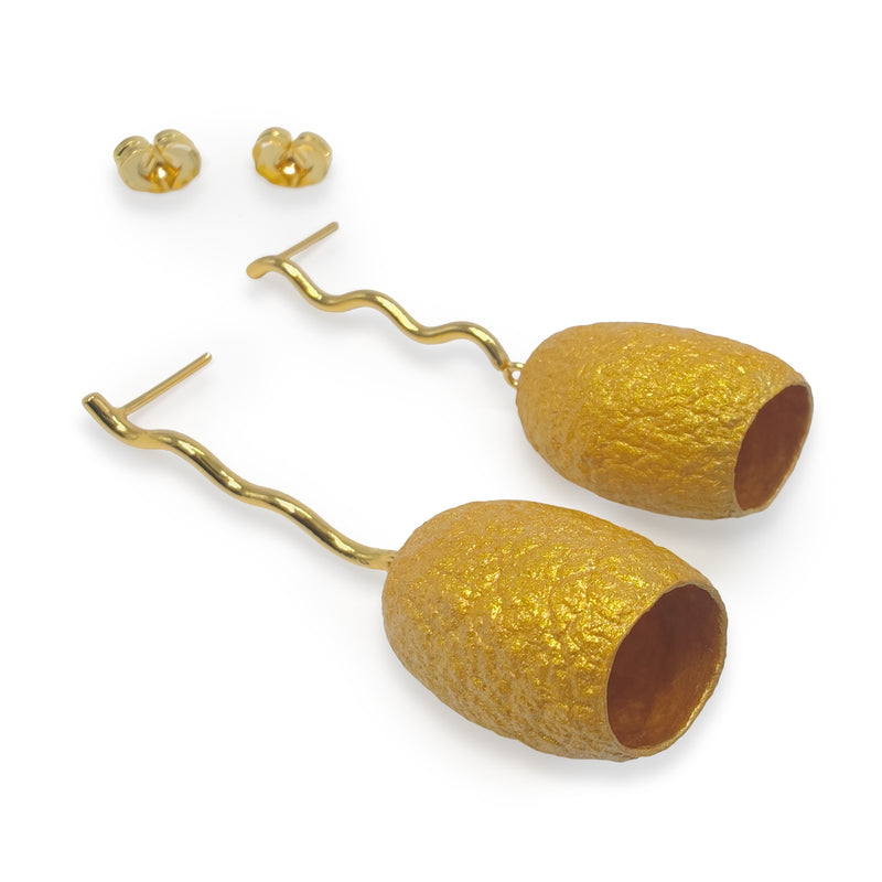 COCOON ECHO EARRINGS - Handmade - 24K gold-plated - Silk cocoons