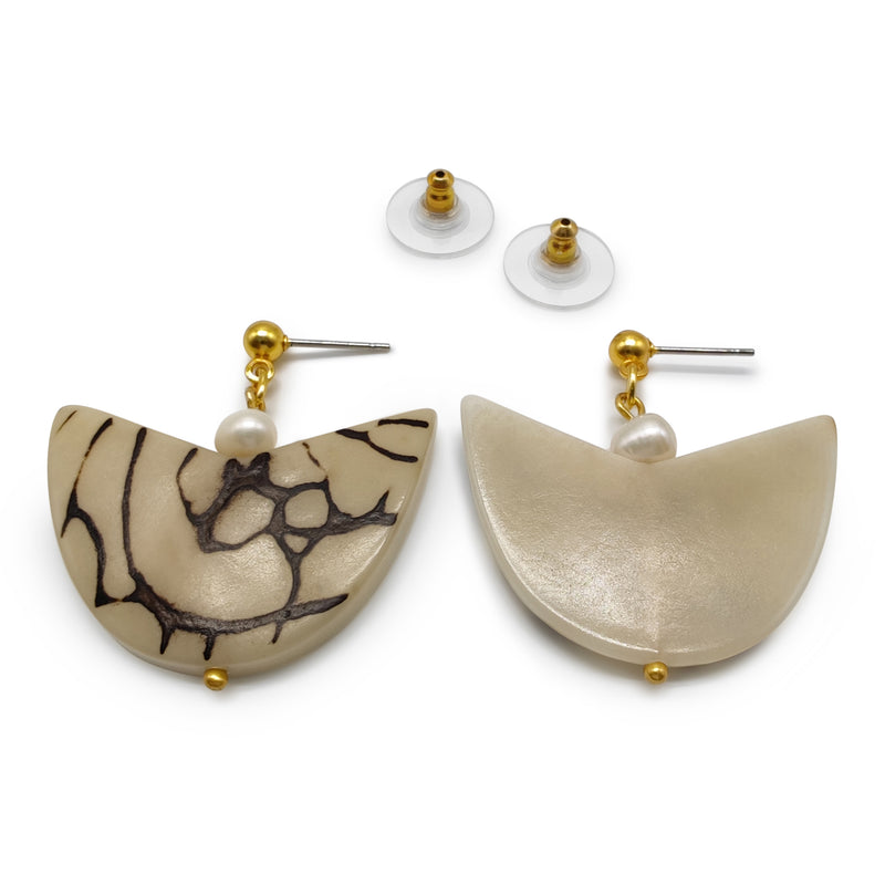 PALMA EARRINGS - Handmade - 24K gold-plated - Tagua (vegetable ivory), cultured pearls