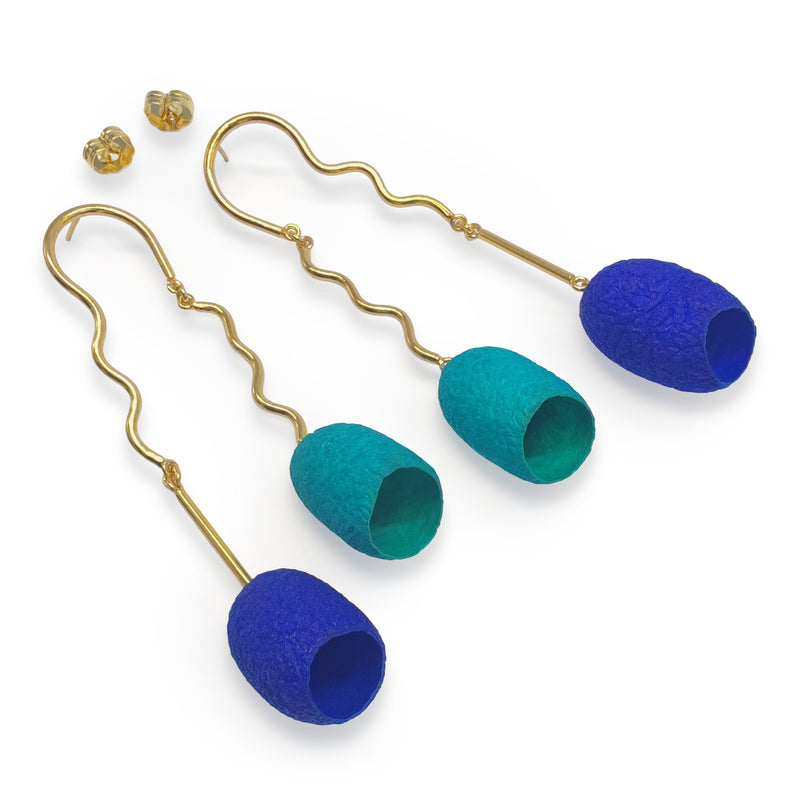 COCOON TWIN EARRINGS - Handmade - 24K gold-plated - Silk cocoons