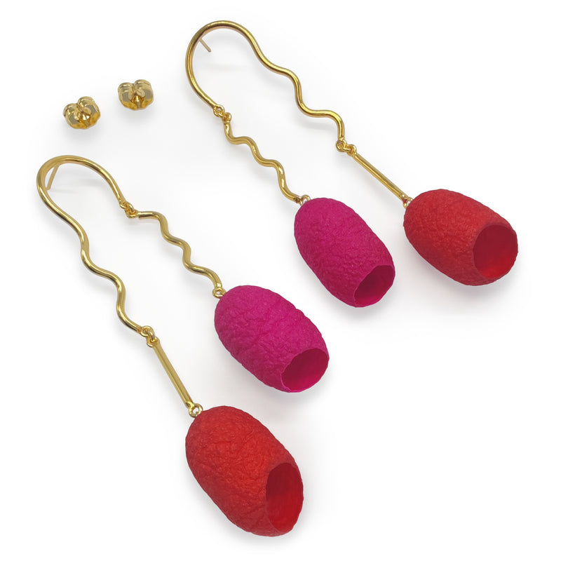 COCOON TWIN EARRINGS - Handmade - 24K gold-plated - Silk cocoons