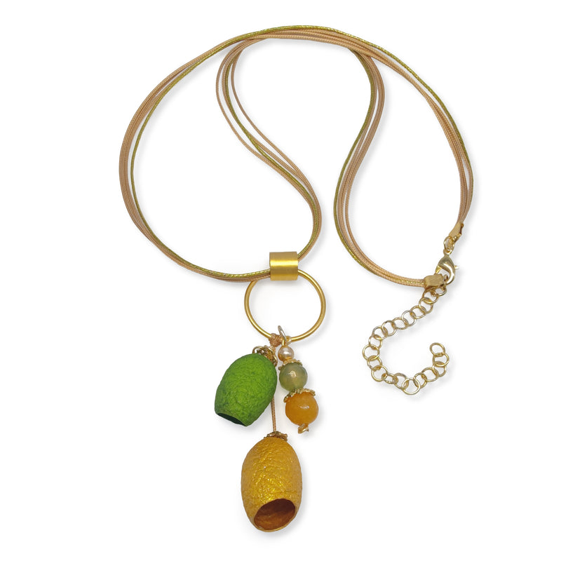 COCOON SILKE NECKLACE - Handmade - 24K gold-plated - Synthetic silk cords, agate, silk cocoons