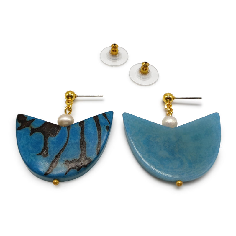 BRINCOS PALMA - Feitos à mão - Banhados a ouro de 24 quilates - Tagua (marfim vegetal), pérolas cultivadas