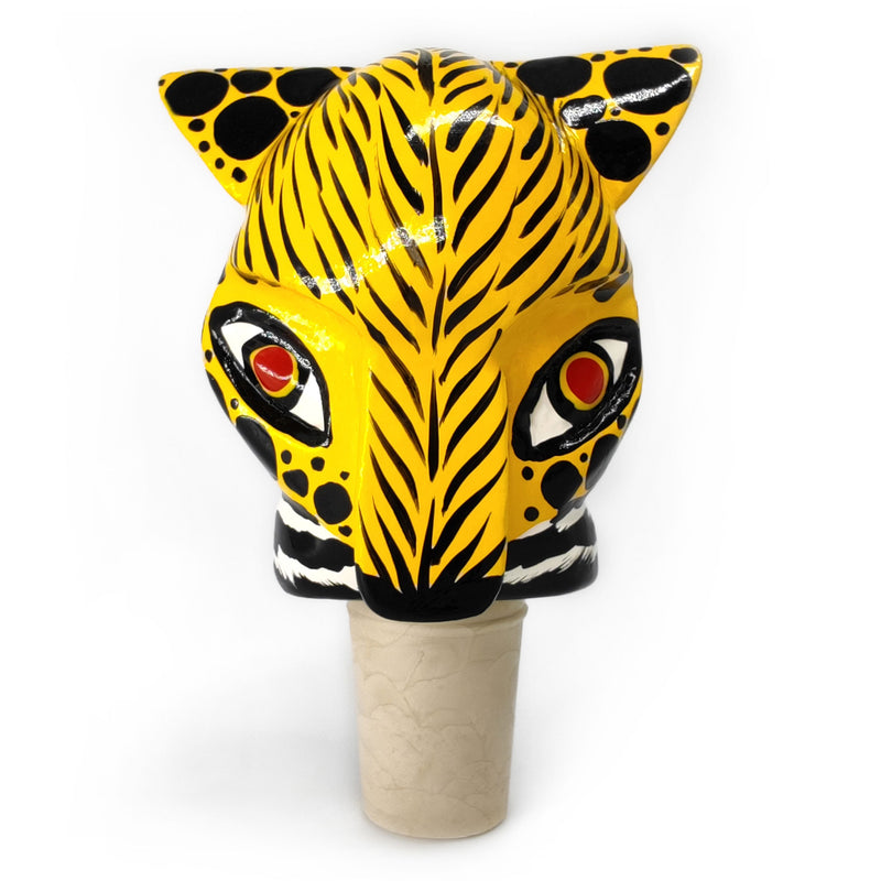 ROLHA DECORATIVA PARA GARRAFAS - O jaguar do carnaval - Madeira esculpida e pintada à mão