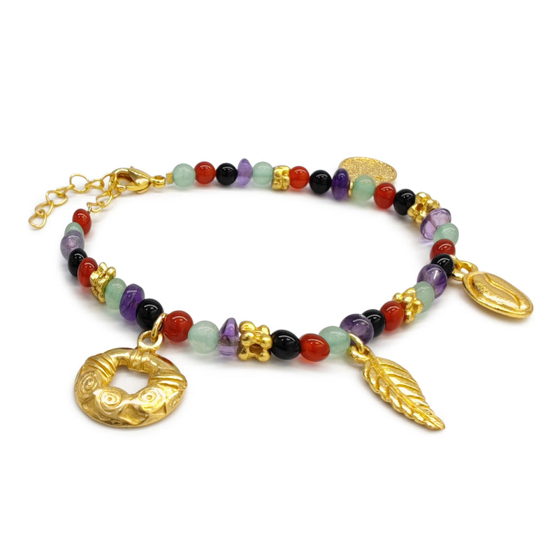 PULSEIRA ARCOÍRIS - Feita à mão - Banhada a ouro de 24 quilates - Ágatas, ônix, jades e ametistas