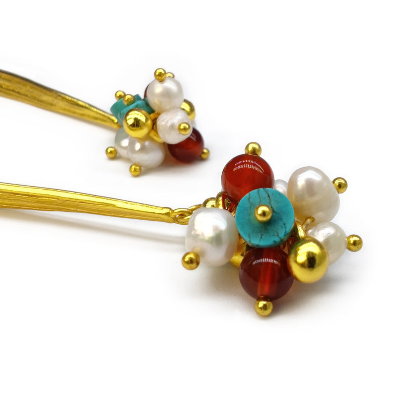 BRINCOS FRIDA - Feitos à mão - Banhados a ouro de 24 quilates - Pérolas cultivadas, turquesas, ágatas