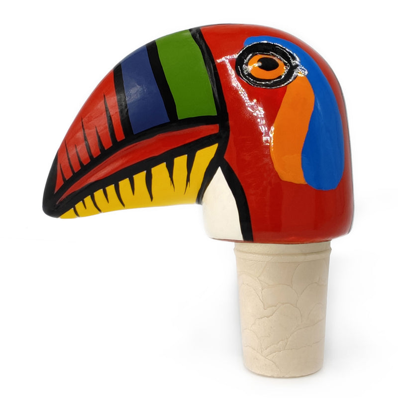 DECORATIVE BOTTLE STOPPER - The carnival toucan - Hand-carved and painted wood