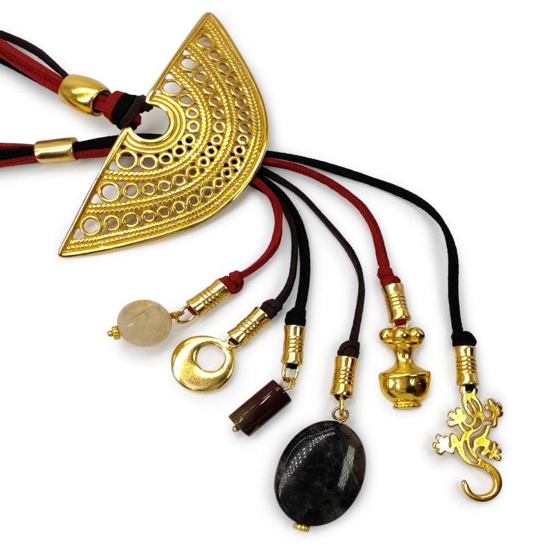 CORDÚLA NECKLACE - Handmade - 24K gold-plated - Leather, semi-precious stones