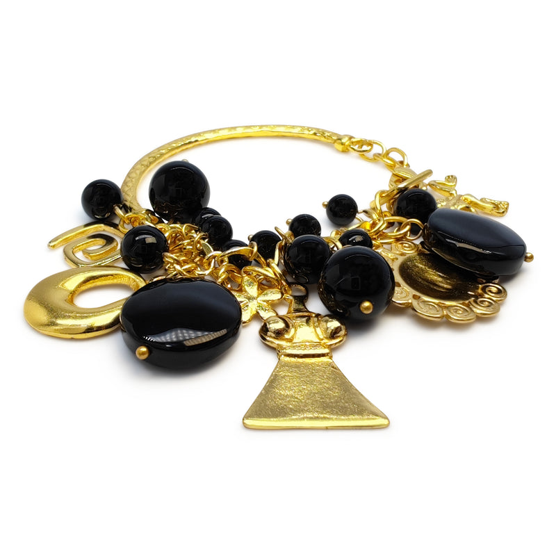 BRACELETE ENCANTO - Feita à mão - Banhada a ouro de 24 quilates - Ónix