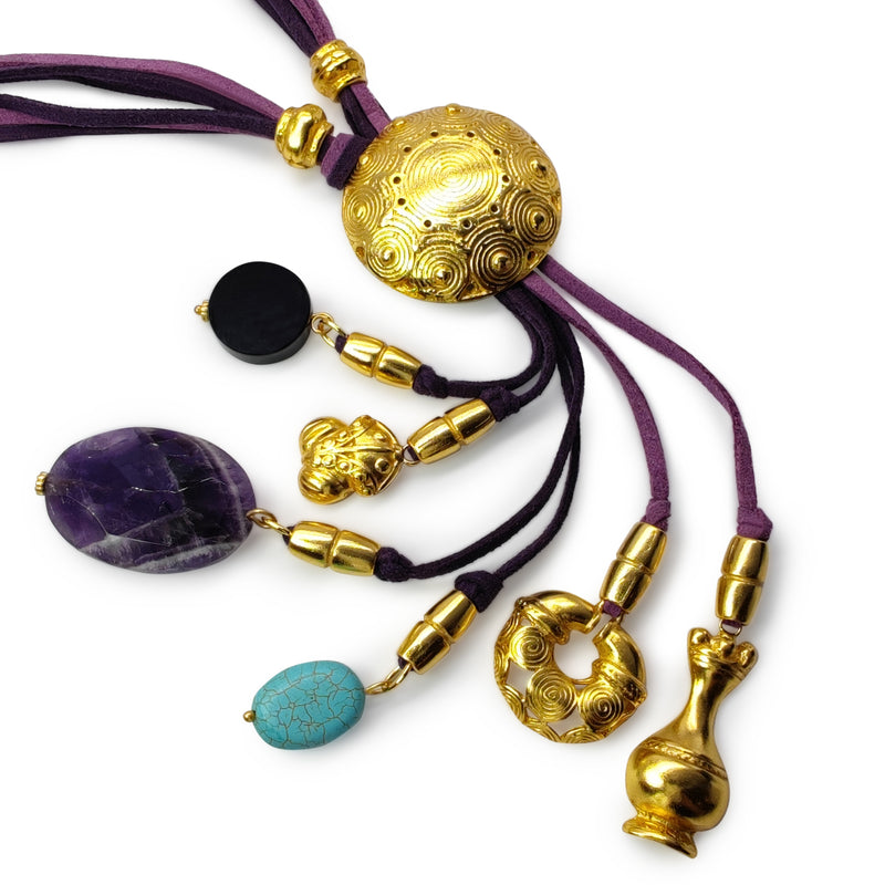 CORDÚLA NECKLACE - Handmade - 24K gold-plated - Leather, semi-precious stones