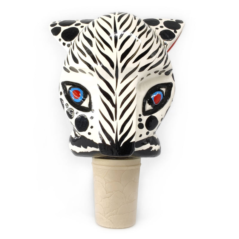 DECORATIVE BOTTLE STOPPER - The carnival white tiger - Hand-carved and painted wood
