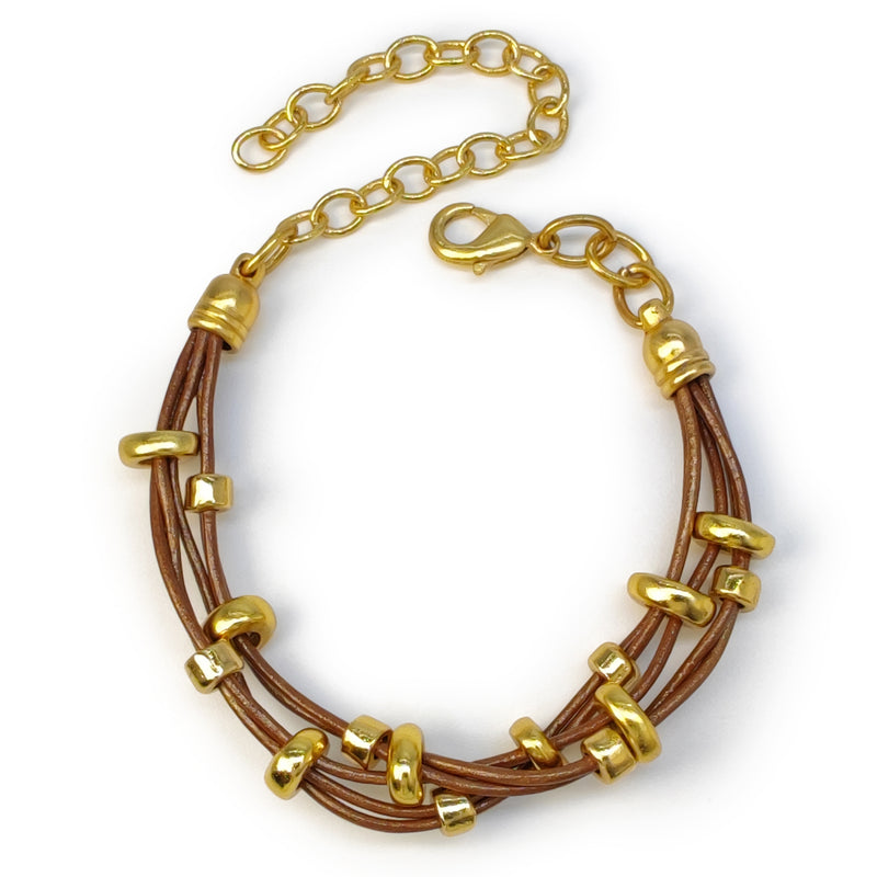 PULSEIRA LÚMEN - Feita à mão - Banhada a ouro de 24 quilates - Couro