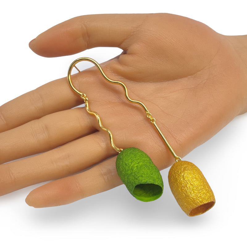 COCOON TWIN EARRINGS - Handmade - 24K gold-plated - Silk cocoons