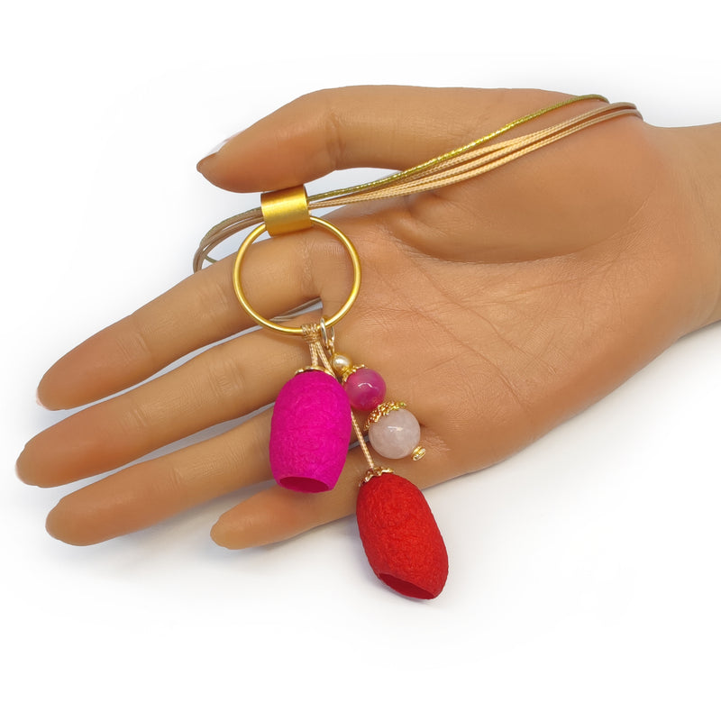 COCOON SILKE NECKLACE - Handmade - 24K gold-plated - Synthetic silk cords, agate, silk cocoons