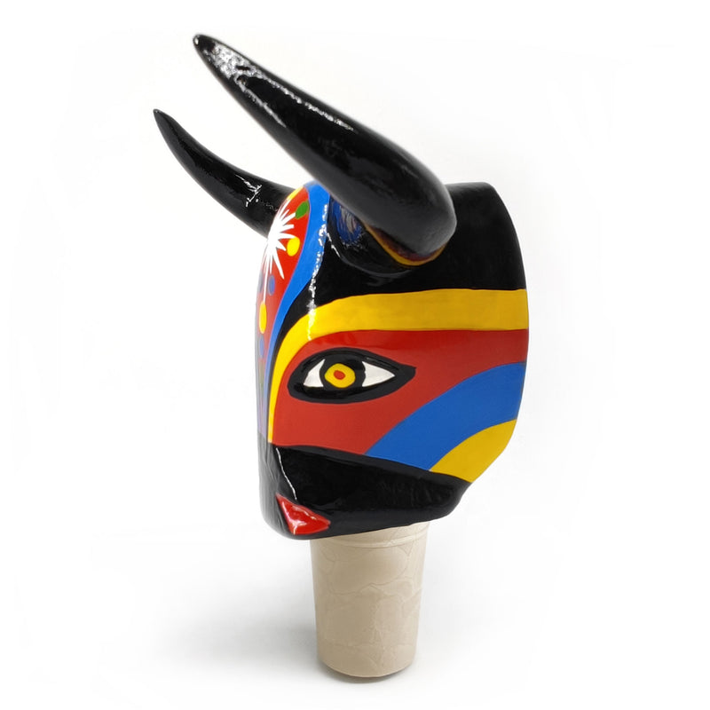 DECORATIVE BOTTLE STOPPER - The carnival bull - Hand-carved and painted wood
