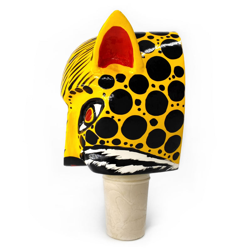 ROLHA DECORATIVA PARA GARRAFAS - O jaguar do carnaval - Madeira esculpida e pintada à mão