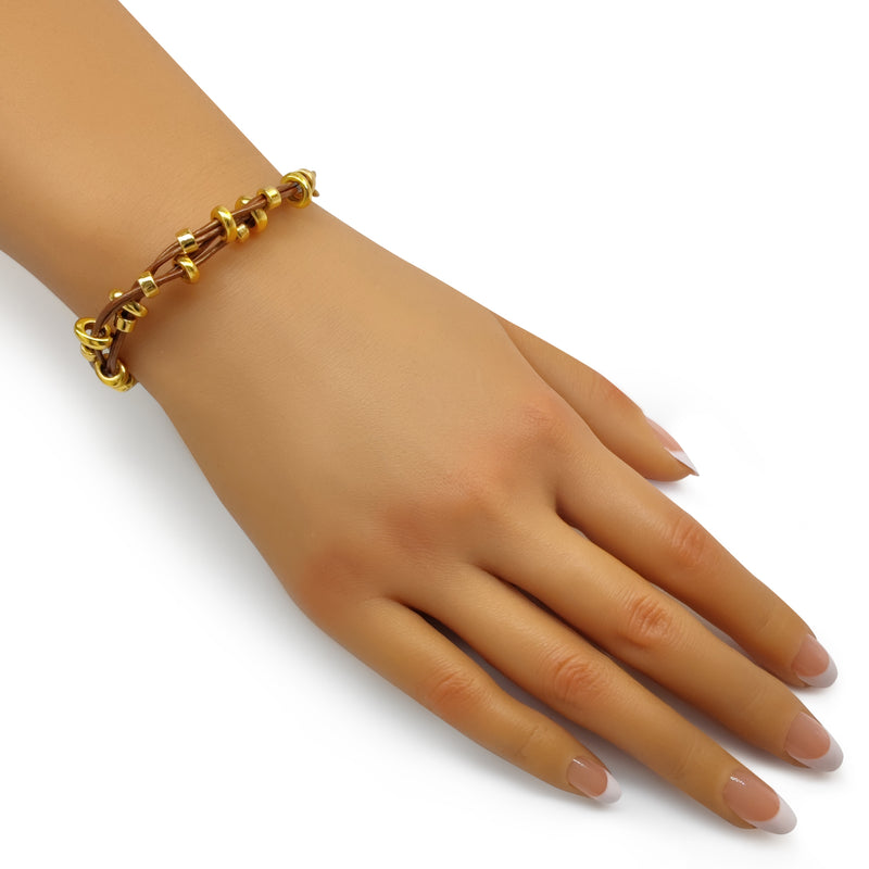 PULSEIRA LÚMEN - Feita à mão - Banhada a ouro de 24 quilates - Couro