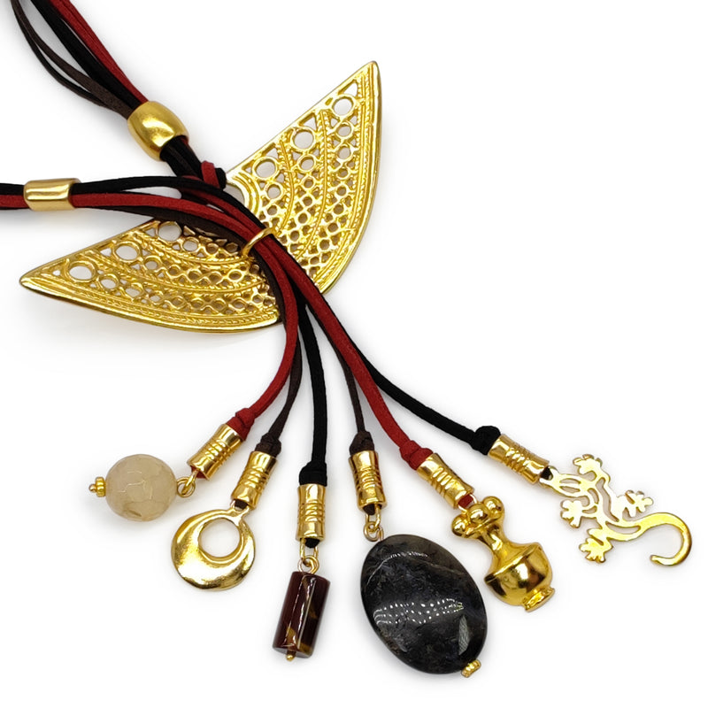 CORDÚLA NECKLACE - Handmade - 24K gold-plated - Leather, semi-precious stones