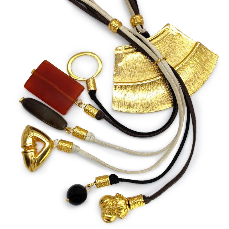 CORDÚLA NECKLACE - Handmade - 24K gold-plated - Leather, semi-precious stones