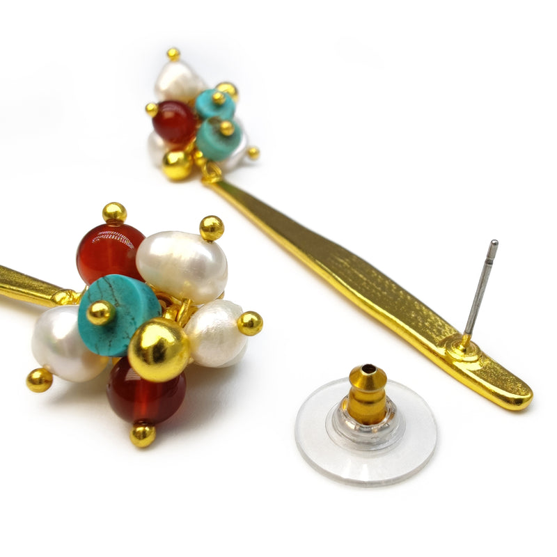 BRINCOS FRIDA - Feitos à mão - Banhados a ouro de 24 quilates - Pérolas cultivadas, turquesas, ágatas