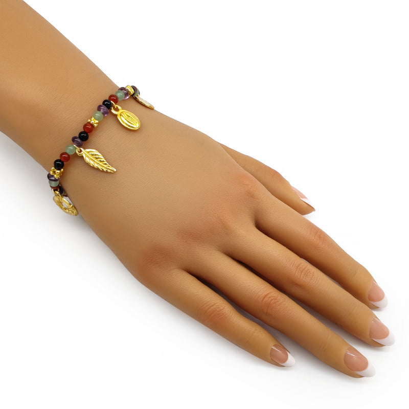 PULSEIRA ARCOÍRIS - Feita à mão - Banhada a ouro de 24 quilates - Ágatas, ônix, jades e ametistas