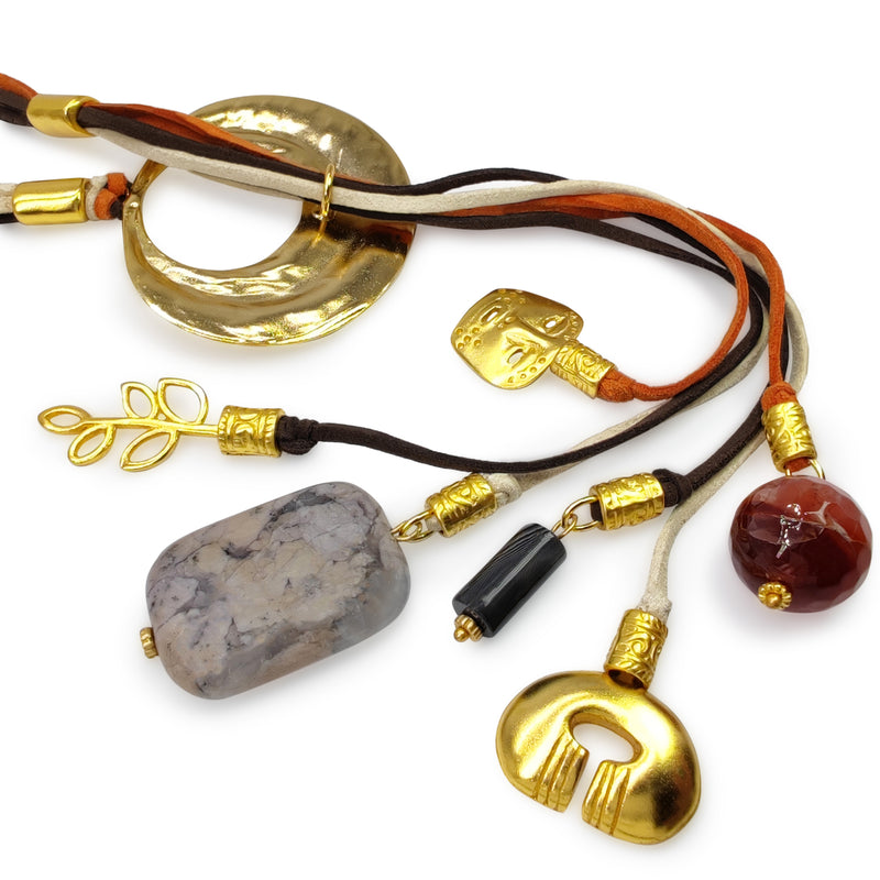 CORDÚLA NECKLACE - Handmade - 24K gold-plated - Leather, semi-precious stones