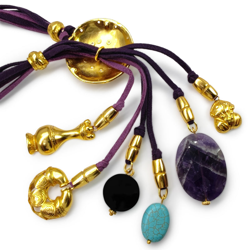 CORDÚLA NECKLACE - Handmade - 24K gold-plated - Leather, semi-precious stones