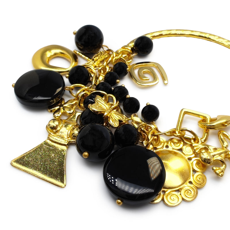 BRACELETE ENCANTO - Feita à mão - Banhada a ouro de 24 quilates - Ónix