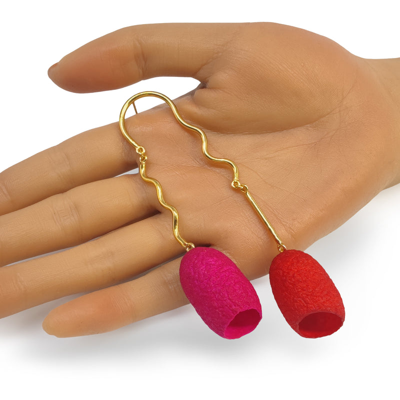 COCOON TWIN EARRINGS - Handmade - 24K gold-plated - Silk cocoons