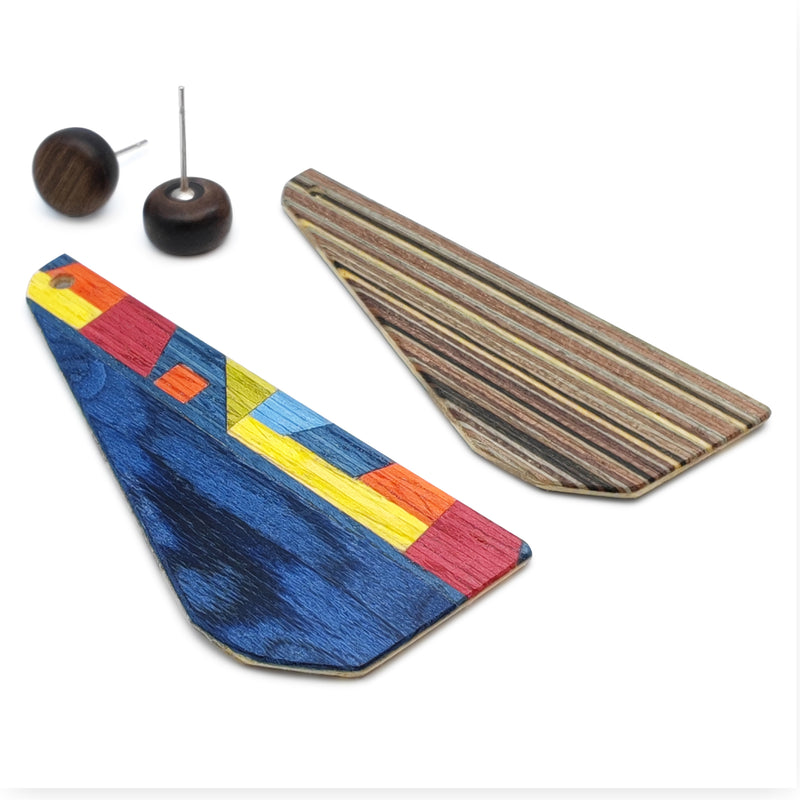 WOODIE TRIO EARRINGS - Handmade - Reversible - Plywood (3 crossed-laid layers of wood veneer)
