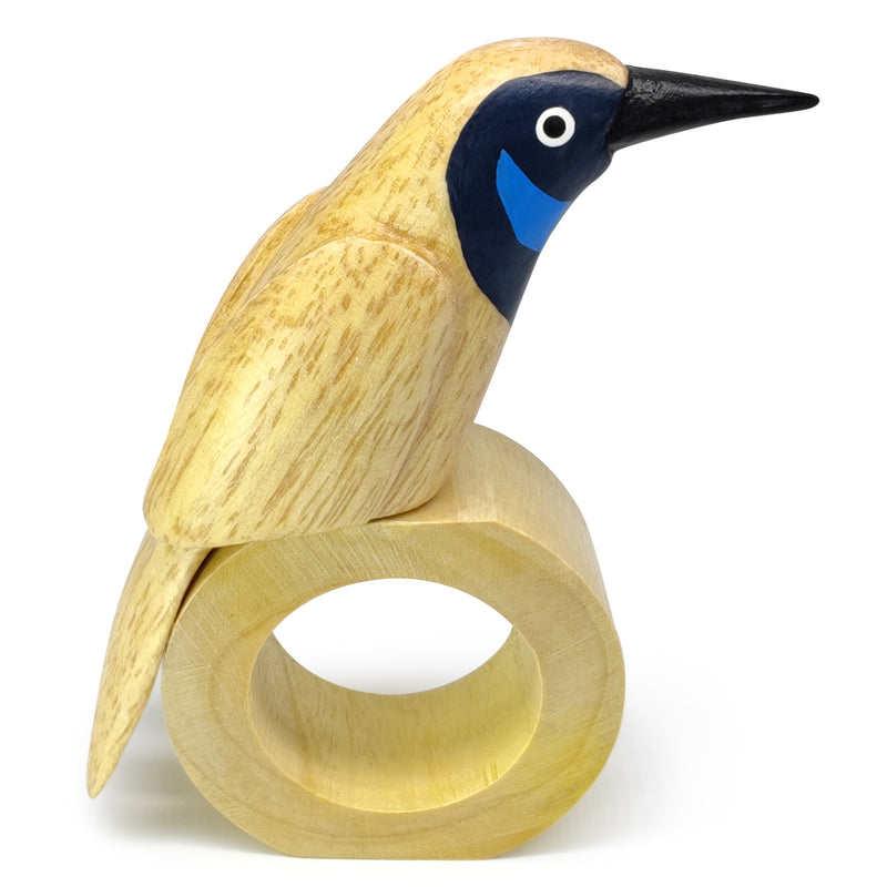 ARGOLA DE GUARDANAPO DECORATIVA - Melro-de-cauda-grande - Madeira esculpida e pintada à mão