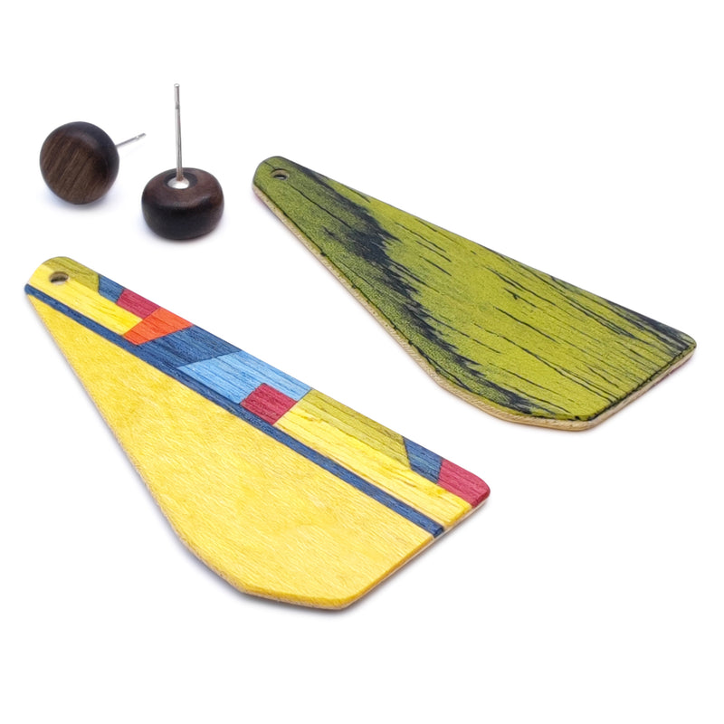 WOODIE TRIO EARRINGS - Handmade - Reversible - Plywood (3 crossed-laid layers of wood veneer)